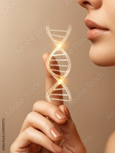 Woman holding a glowing DNA strand near her face.