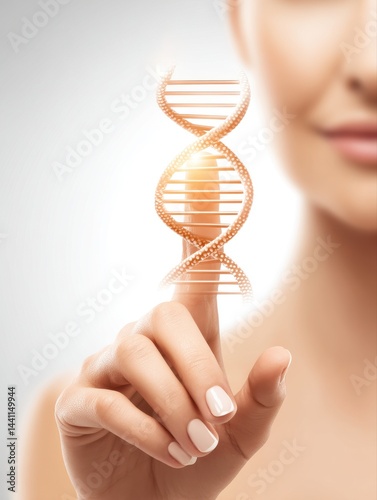 A hand holding a glowing DNA strand illustration.