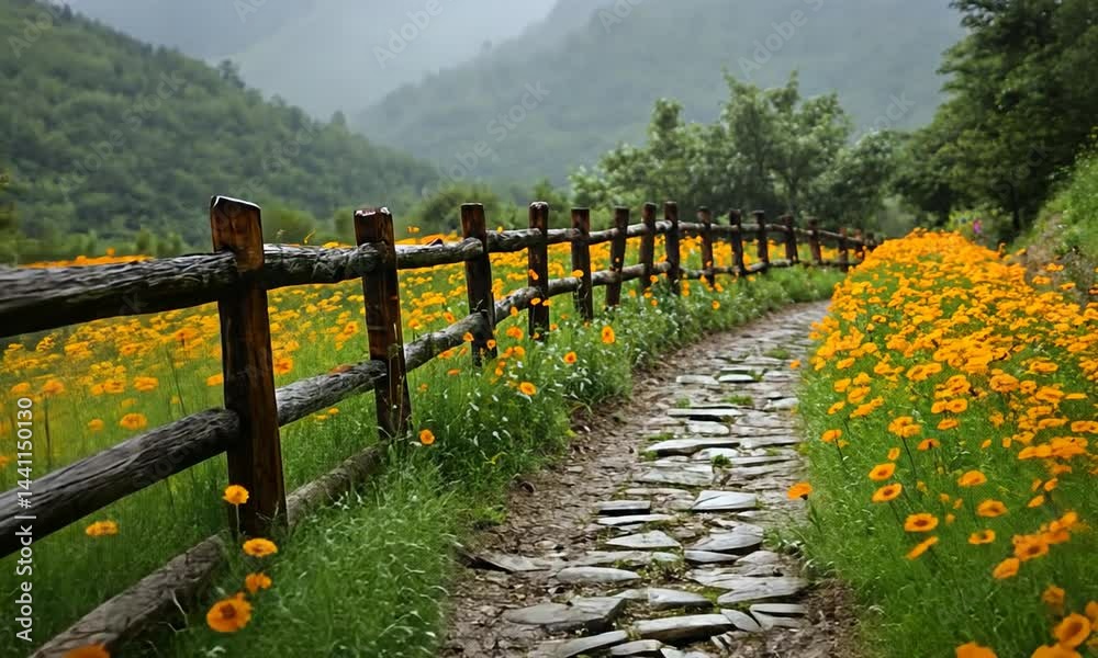 Scenic pathway lined with vibrant flowers and wooden fence amidst lush mountainous landscape