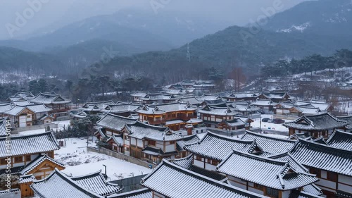 Winter at Eunpyeong Hanok Village best landmark Old village style in Seoul,South Korea.Time lapse zoom in