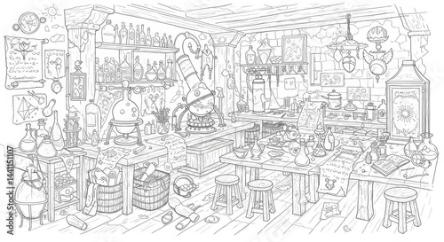 Ancient Alchemy Lab with Potions and Symbols