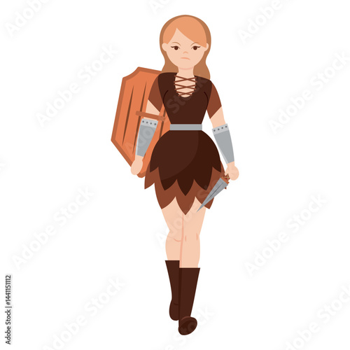 Viking woman holding shield. Vector