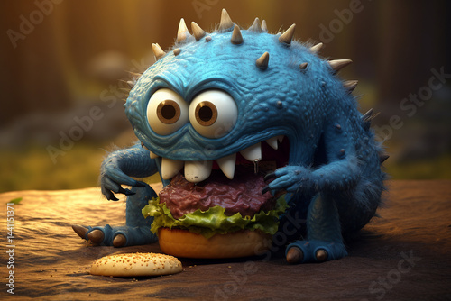 Cute blue cartoon monster eating a big burger with joy, perfect for food festivals, kids menus, or mascot branding. photo