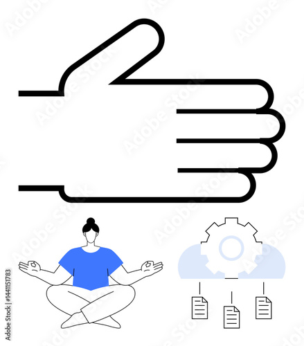 Hand gesture above seated meditator, gear, and documents conveys balance, mindfulness, organization, workflow, teamwork productivity and harmony. Ideal for meditation business workflow. Flat