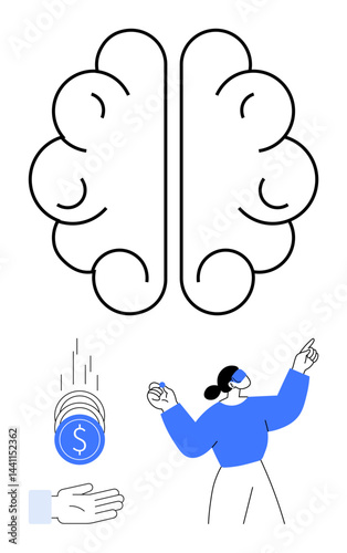 Brain design with a woman in VR headset, hand catching coins, and financial growth. Ideal for innovation, creativity, fintech, technology, neurotechnology, decision-making simple landing page