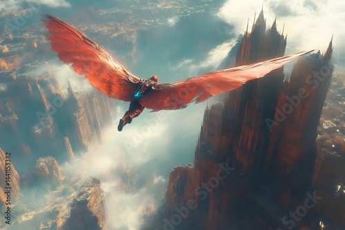 Flying figure with large wings over fantasy landscape