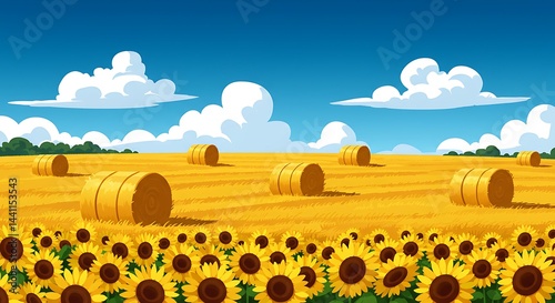 Sunny Summer Field with Hay Bales and Sunflowers