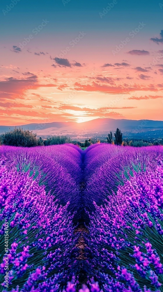 Naklejka premium A symmetrical lavender field at sunset