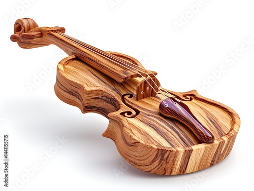 Intricately carved wooden violin, showcasing rich grain and detail