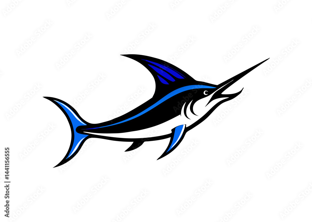 Fototapeta premium Ocean's Majestic Hunter: A striking, streamlined illustration of a marlin, showcasing its powerful form, sleek contours, and prominent bill, a true emblem of aquatic elegance.