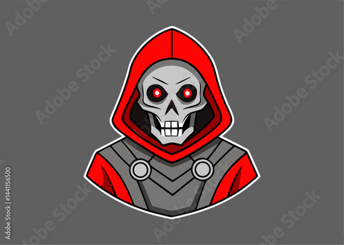 Grim Specter of the Red Cloak: This illustration captures a sinister specter clad in a crimson cloak and hood, his skeletal face glowing with an ominous, baleful light.