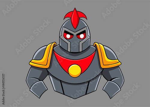 Fierce Knight Cartoon: This is a bold illustration featuring a formidable knight in full armor with a fiery red crest and glowing red eyes. The dark grey background adds to the intensity.