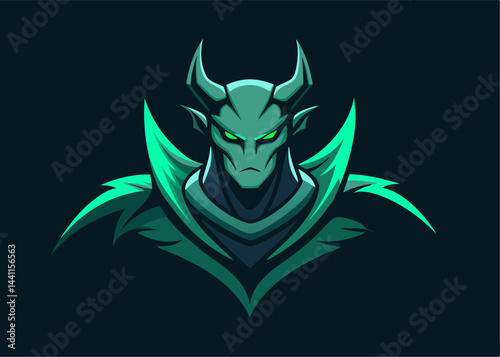 Green Demon Mascot: An intimidating demon mascot with glowing green eyes and horns, a powerful and fierce emblem perfect for gaming teams, esports.