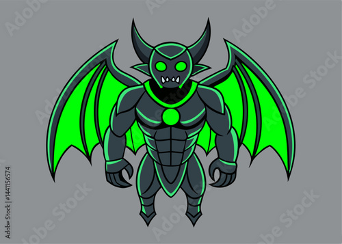 Cybernetic Demon: A menacing, cybernetically enhanced demon with glowing green accents and muscular physique, ready to unleash chaos and destruction.