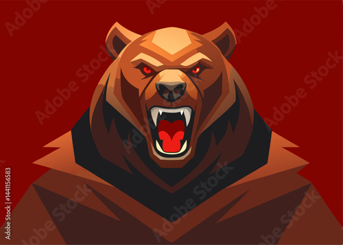 Raging Brown Bear: A fierce and powerful brown bear with piercing red eyes and a wide open mouth, showcasing its sharp teeth, in a bold and minimalist illustration.
