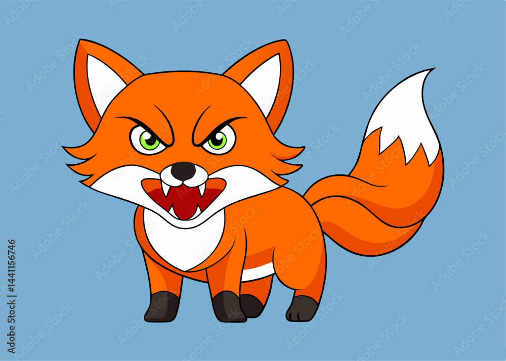 Obraz premium Animated Angry Fox: A spirited animated fox, ablaze with fiery orange fur, stands with teeth bared and eyes blazing, exuding an essence of fierce animation.