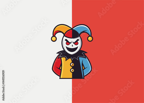 Jester Mascot: A cartoon jester mascot is featured on a split color background, a symbol of humor, mischief, and entertainment, the design style is very attractive