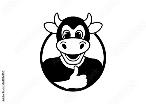 Cow Mascot Giving Thumbs Up: A charming black and white cartoon cow mascot confidently flashes a thumbs-up gesture, radiating positivity and approval.