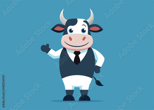 Smart Cow: A cheerful cartoon cow, smartly dressed, waves hello. Capturing the whimsical charm, and the spirit of business, the illustration creates a friendly and inviting appeal.