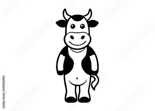 Smiling Cartoon Cow: A cute cartoon cow with big eyes and a friendly smile stands tall with its legs firmly planted, ready for a close-up. Its black and white pattern is playful and charming.