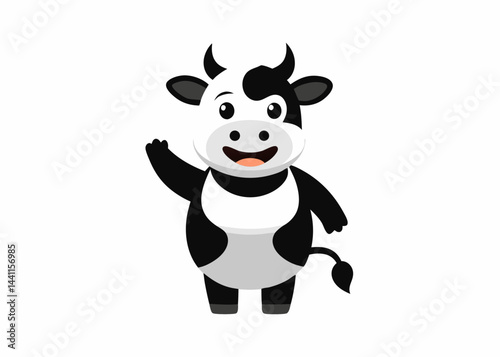 Happy Animated Cow Waving: A charming animated cow, with its distinctive black and white pattern, waves a friendly greeting.  The image has a soft, inviting, and playful tone.