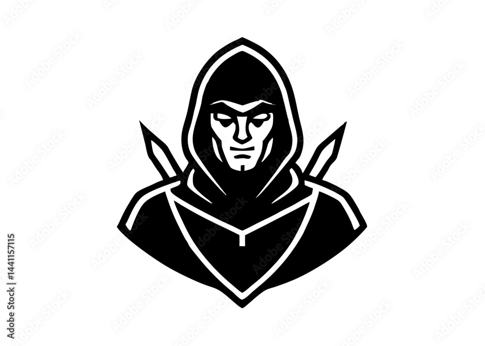Shadowy Figure of the Assassin: A striking monochrome illustration of a hooded figure, a symbol of mystery and stealth, with focused eyes and hidden blades, embodying the essence of the silent killer.