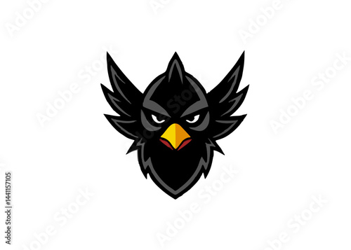 Black Bird Logo Design: A bold and fierce black bird logo with menacing eyes and spread wings, designed to convey power and speed.