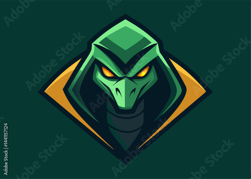 Green Dragon Mascot: A fearsome green dragon mascot with piercing yellow eyes, set against a dark green background, embodies strength and determination.