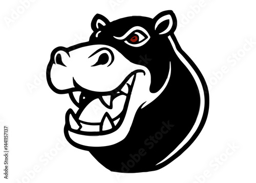 Hippopotamus Mascot: A bold black and white graphic of a hippo, its teeth bared in a confident grin, showcasing a playful yet imposing mascot design, perfect for branding or illustrative use.