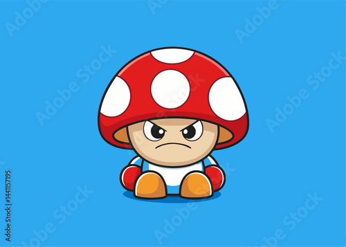Angry Mushroom Character: A charming cartoon character, an irate mushroom with a vibrant red cap adorned with white spots, embodies a unique expression, perfect for animation, children's themes.