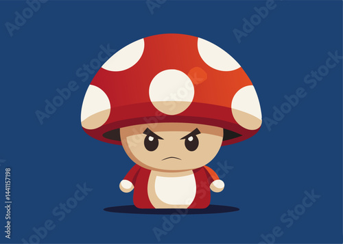 Angry Mushroom Character: A cute but angry mushroom character with a red cap and white spots, frowns intensely against a deep blue background. This illustration is perfect for game design.