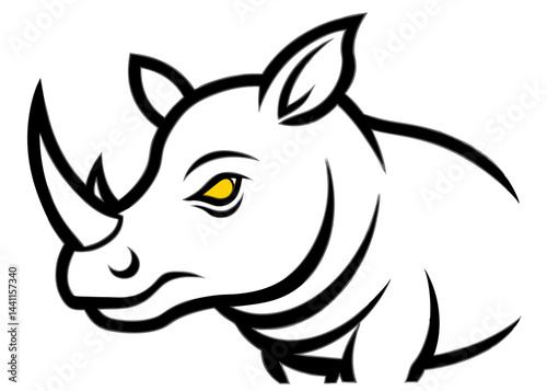 Rhino Line Art: A bold and stylized line art illustration of a rhinoceros head with a single horn and piercing yellow eyes, capturing its powerful and majestic presence. 