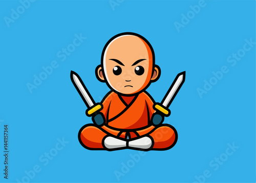 Martial Monk in Meditation: A stylized illustration of a bald monk with a serious expression in orange attire, seated cross-legged in serene meditation, clutching two gleaming swords.