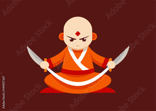 Shaolin Monk with Swords: A stylized illustration of a Shaolin monk, bald and stern, seated in a meditative pose, wielding two curved swords.