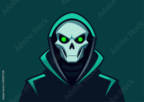 Mysterious Figure in a Hood: An intriguing illustration featuring a cloaked skeleton with glowing eyes. The dark, ominous figure sets a spooky atmosphere