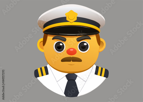 Captain's Helm: A cartoon illustration of a stoic and serious-faced captain, wearing a classic white uniform with a black tie, gold accents, and a white cap.