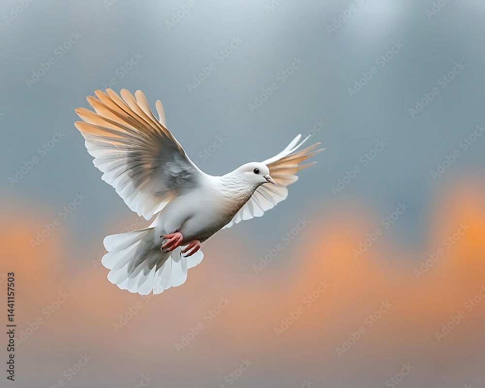 Obraz premium White dove in flight against soft sunset