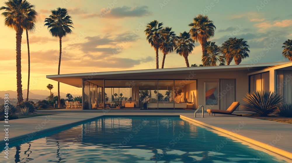 Fototapeta premium Modern House with Swimming Pool and Palm Trees at Sunset