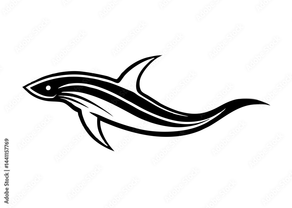Fototapeta premium Aquatic Predator: A stylized black and white depiction of a sleek shark, swimming gracefully against a pristine background, showcasing its predatory form and inherent elegance. 