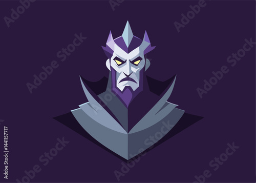 Regal Monarch: A stylized illustration presents a stern-faced king, exuding authority and nobility, with a sharp, geometric design, using shades of purple and gray.