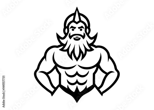 Muscular Poseidon Emblem: A stylized, monochromatic illustration presents a formidable figure reminiscent of Poseidon, exuding strength and power with a muscular physique.