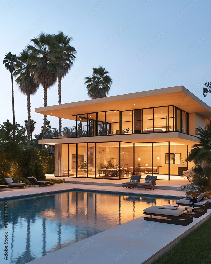 Fototapeta premium Modern Two-Story House with Pool and Palm Trees at Dusk