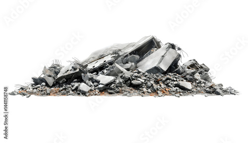 Rubble Pile Isolated on Black Background with Concrete and Steel Debris