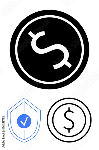 Circular money symbol, shield with checkmark, and additional currency icon. Ideal for finance, security, payment, insurance, blockchain, trust simple landing page