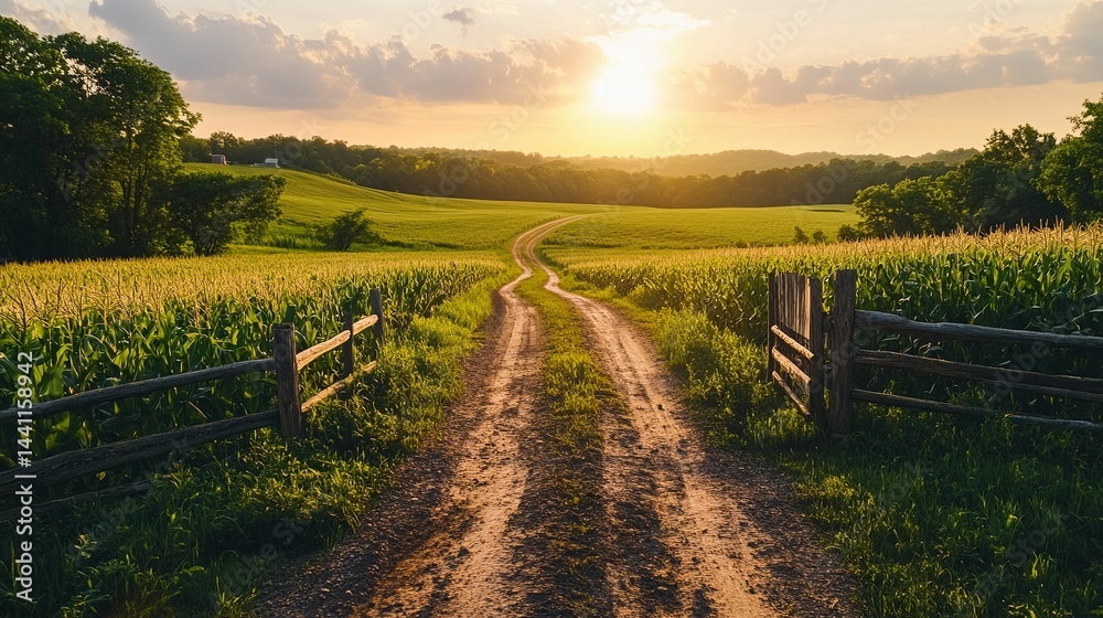 Naklejka premium A scenic rural road through golden fields at sunset.