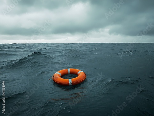 Orange Life Preserver in Rough Seas Under Cloudy Sky