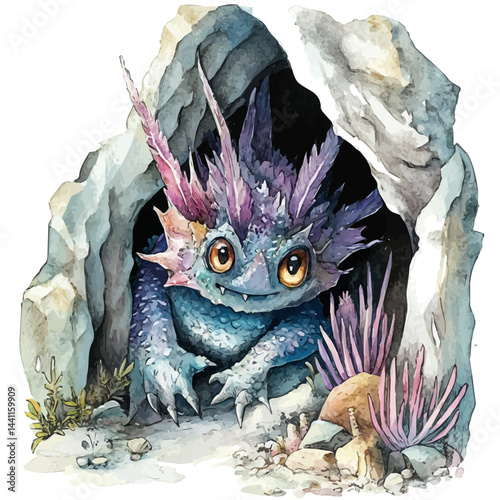 Magical Creature In A Cave, watercolor vector, isolated on a white background.