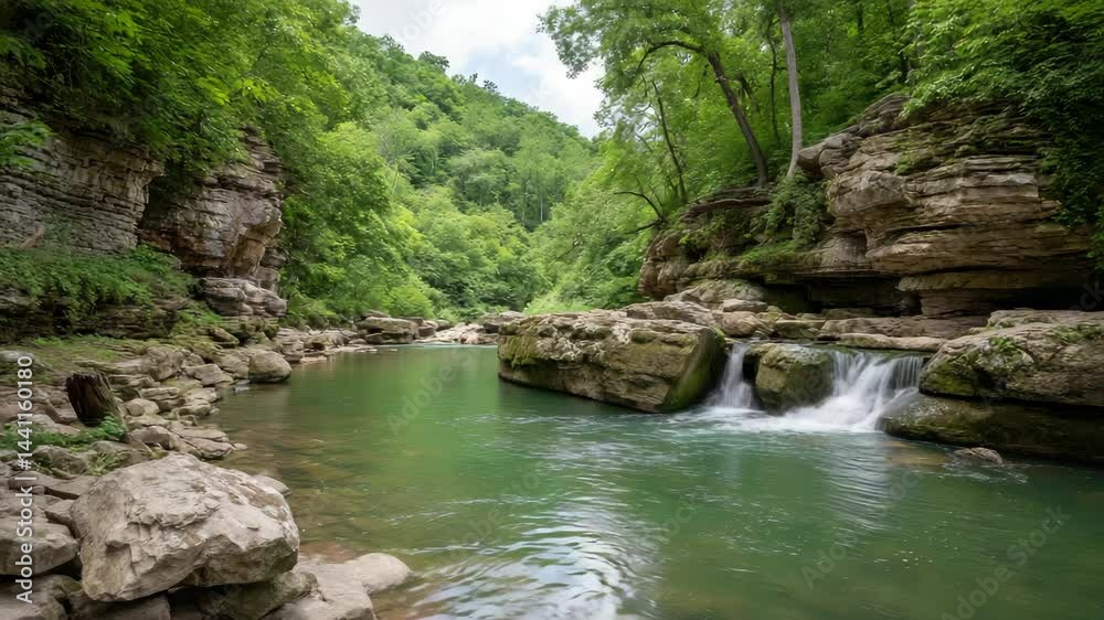 Serenity at a tranquil river surrounded by lush green cliffs on a bright summer day Serenity at a tranquil river surrounded by lush green cliffs on a bright summer day