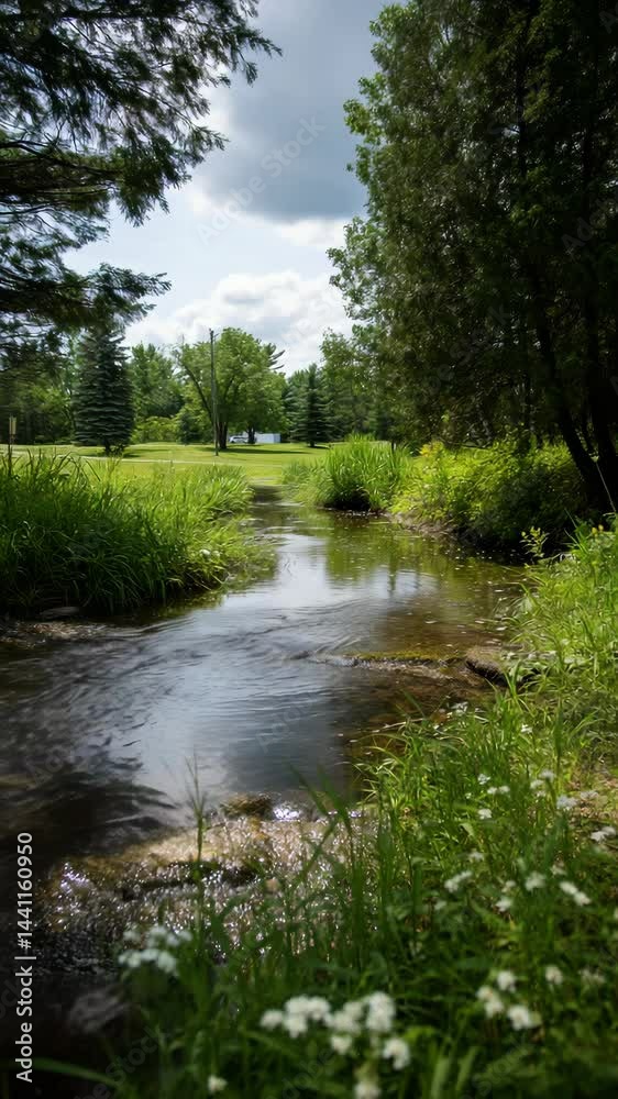 Flowing stream surrounded by lush greenery in a serene park setting during sunny weather Flowing stream surrounded by lush greenery in a serene park setting during sunny weather