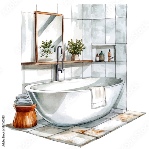 Luxury Modern Bathroom, watercolor vector, isolated on a white background.